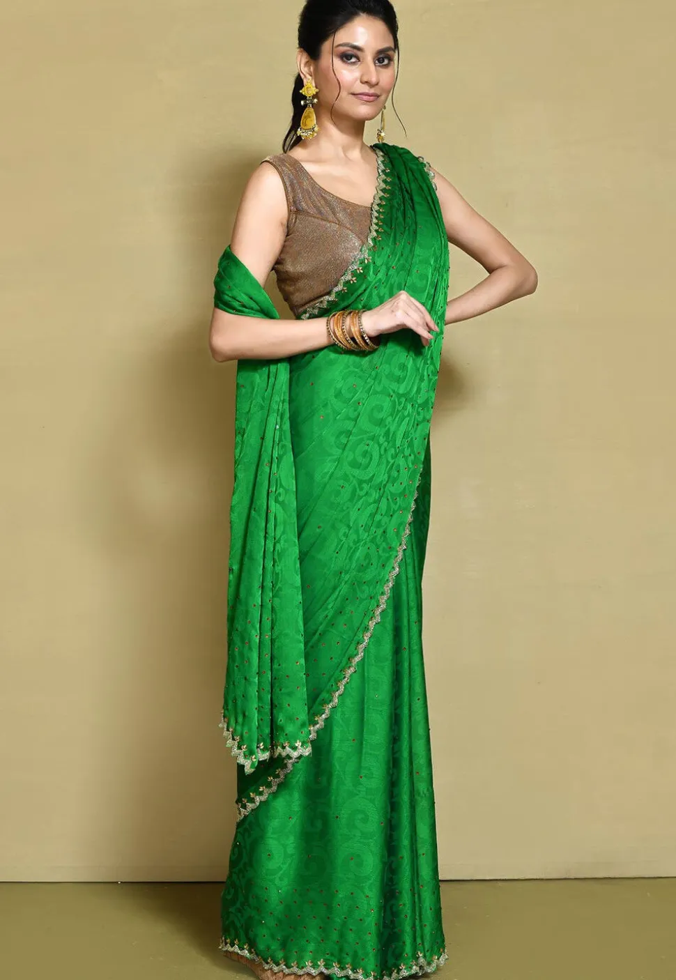 Hand Embroidered Chiffon Brasso Saree in Green