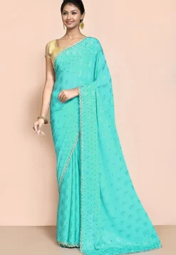 Hand Embroidered Chiffon Jacquard Saree in Turquoise