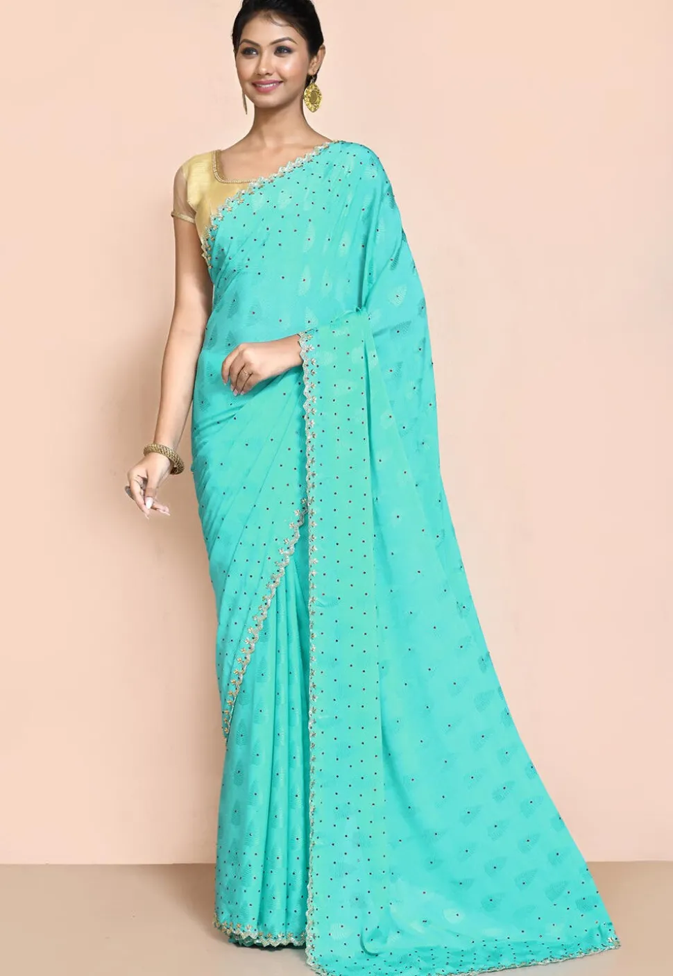 Hand Embroidered Chiffon Jacquard Saree in Turquoise