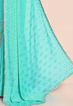 Hand Embroidered Chiffon Jacquard Saree in Turquoise