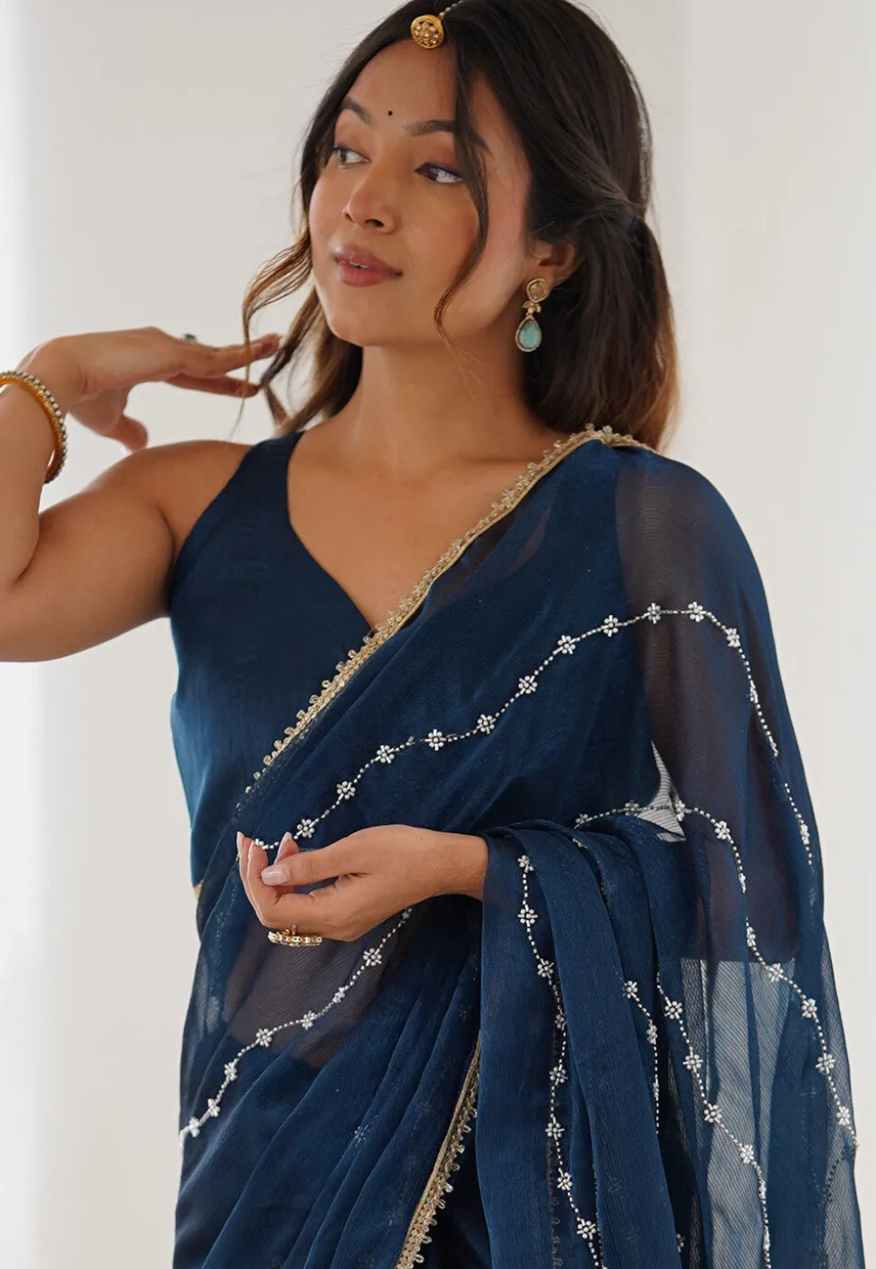 Hand Embroidered Chiffon Saree in Blue