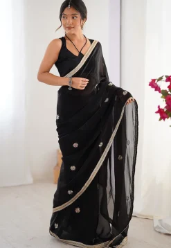Hand Embroidered Chinon Chiffon Saree in Black
