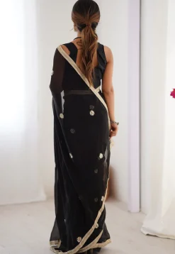 Hand Embroidered Chinon Chiffon Saree in Black