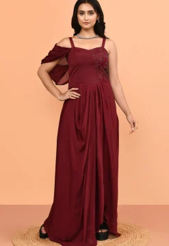 Hand Embroidered Chinon Chiffon Gown in Maroon