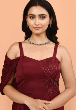 Hand Embroidered Chinon Chiffon Gown in Maroon
