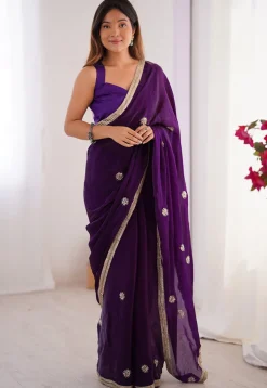 Hand Embroidered Chinon Chiffon Saree in Purple