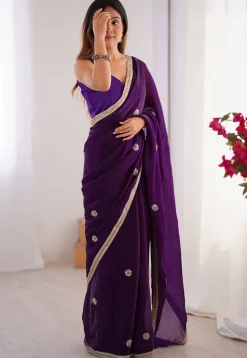 Hand Embroidered Chinon Chiffon Saree in Purple