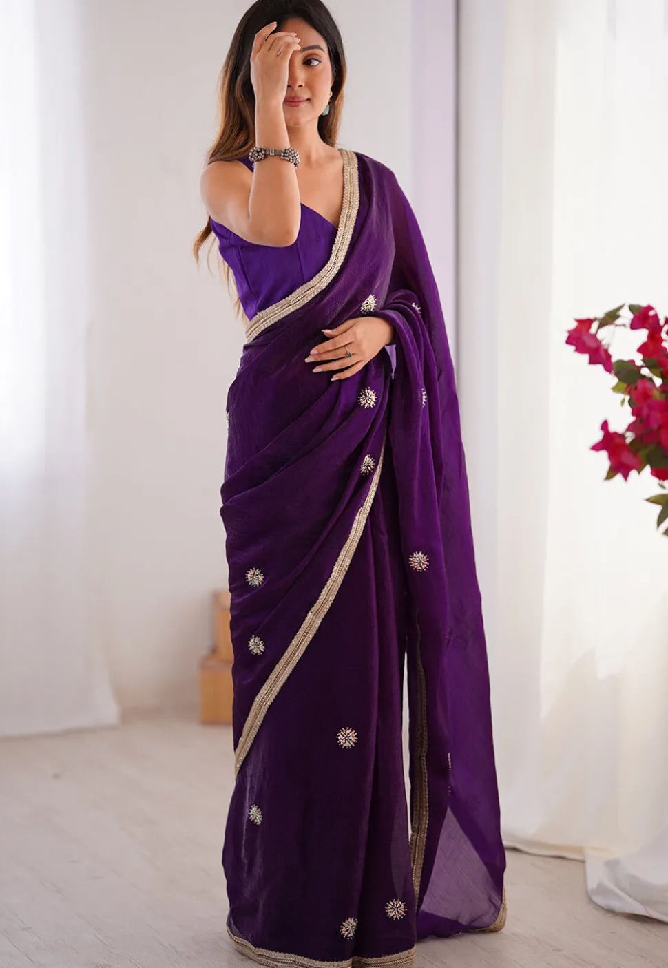 Hand Embroidered Chinon Chiffon Saree in Purple