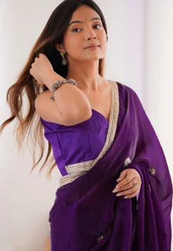 Hand Embroidered Chinon Chiffon Saree in Purple