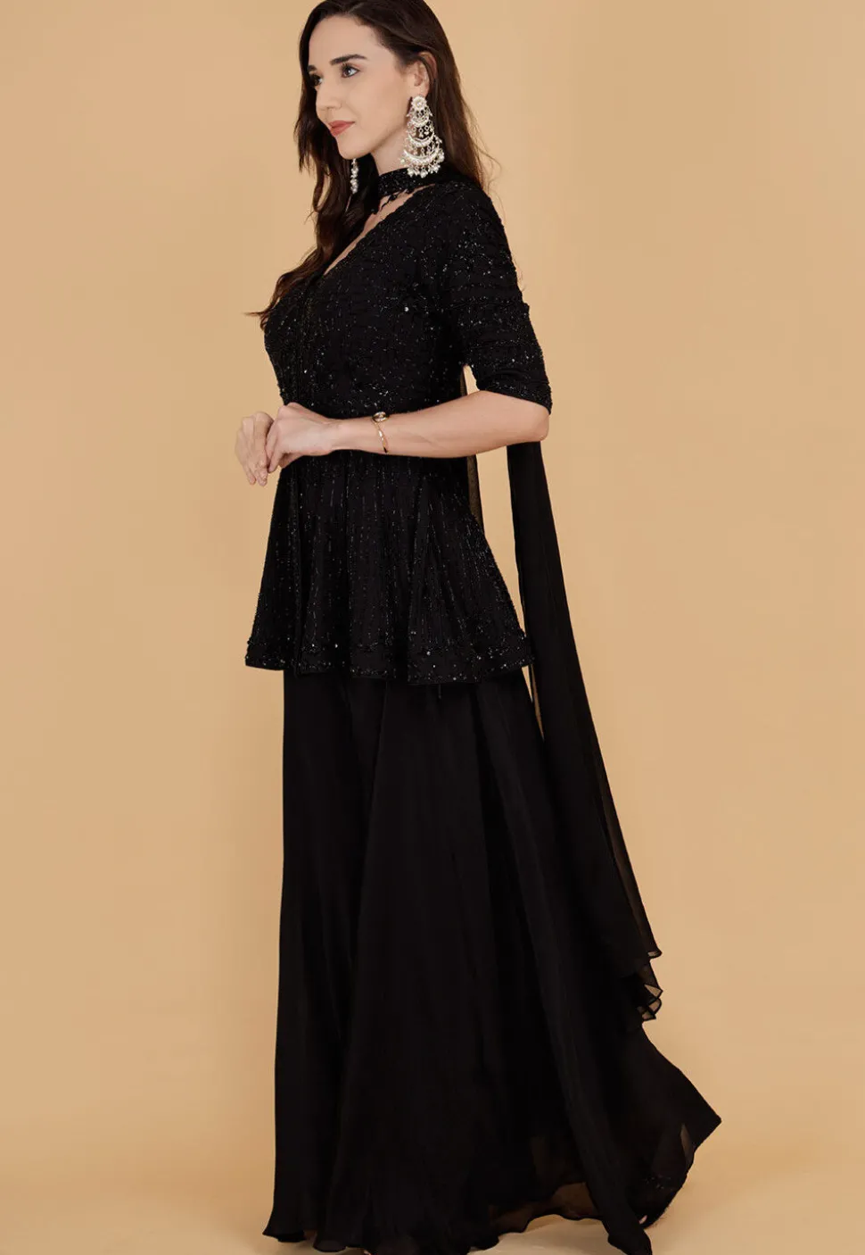 Hand Embroidered Chinon Chiffon Pakistani Suit in Black