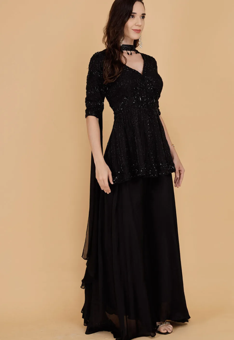 Hand Embroidered Chinon Chiffon Pakistani Suit in Black