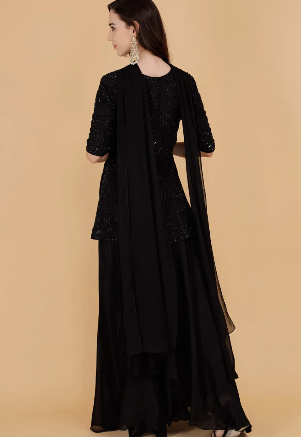 Hand Embroidered Chinon Chiffon Pakistani Suit in Black