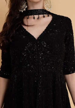 Hand Embroidered Chinon Chiffon Pakistani Suit in Black