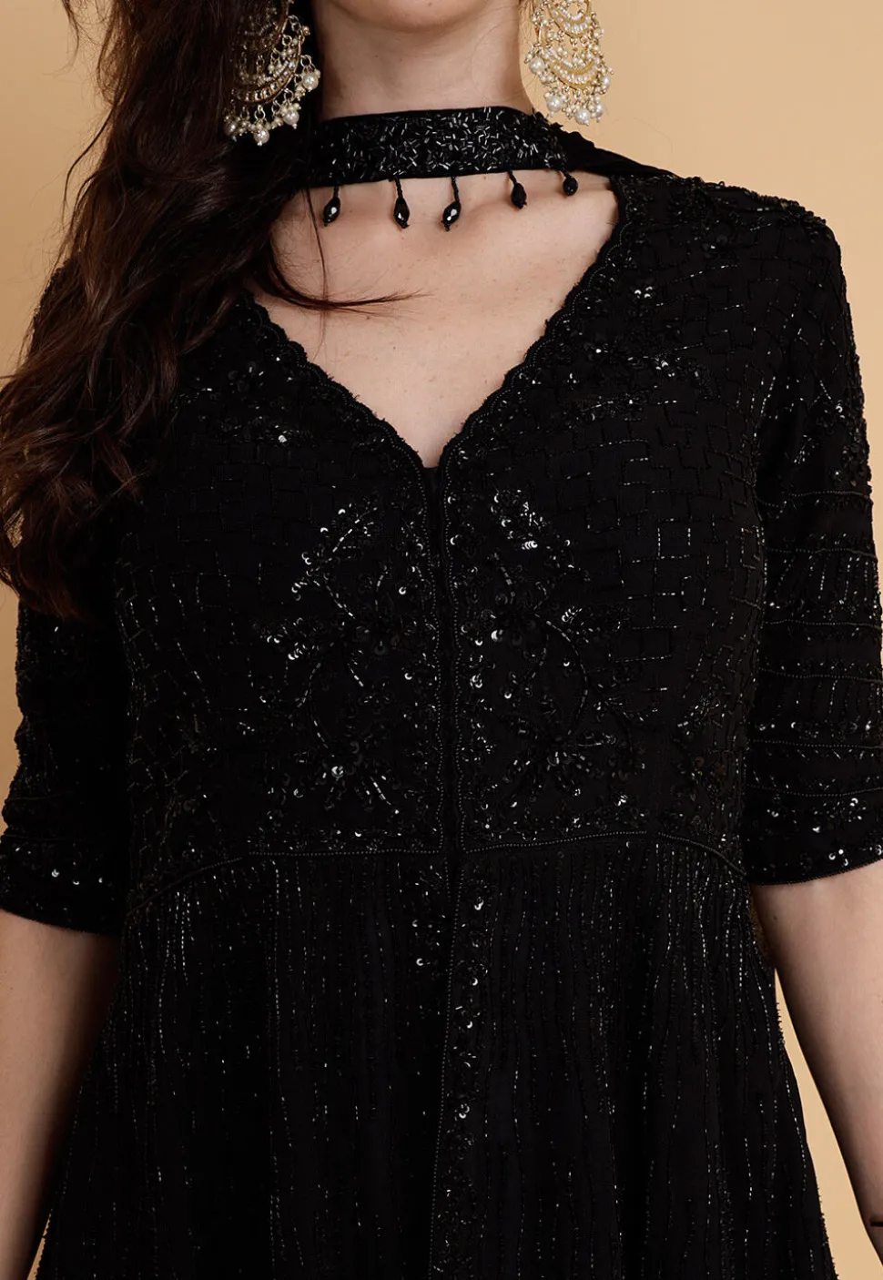 Hand Embroidered Chinon Chiffon Pakistani Suit in Black