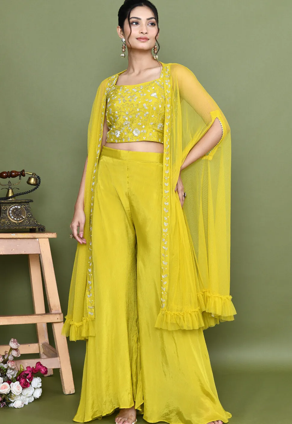 Hand Embroidered Chinon Chiffon Crop Top Set in Mustard
