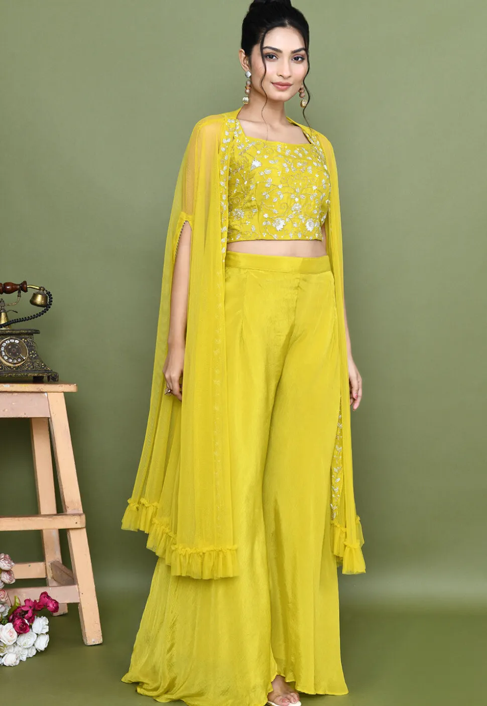 Hand Embroidered Chinon Chiffon Crop Top Set in Mustard