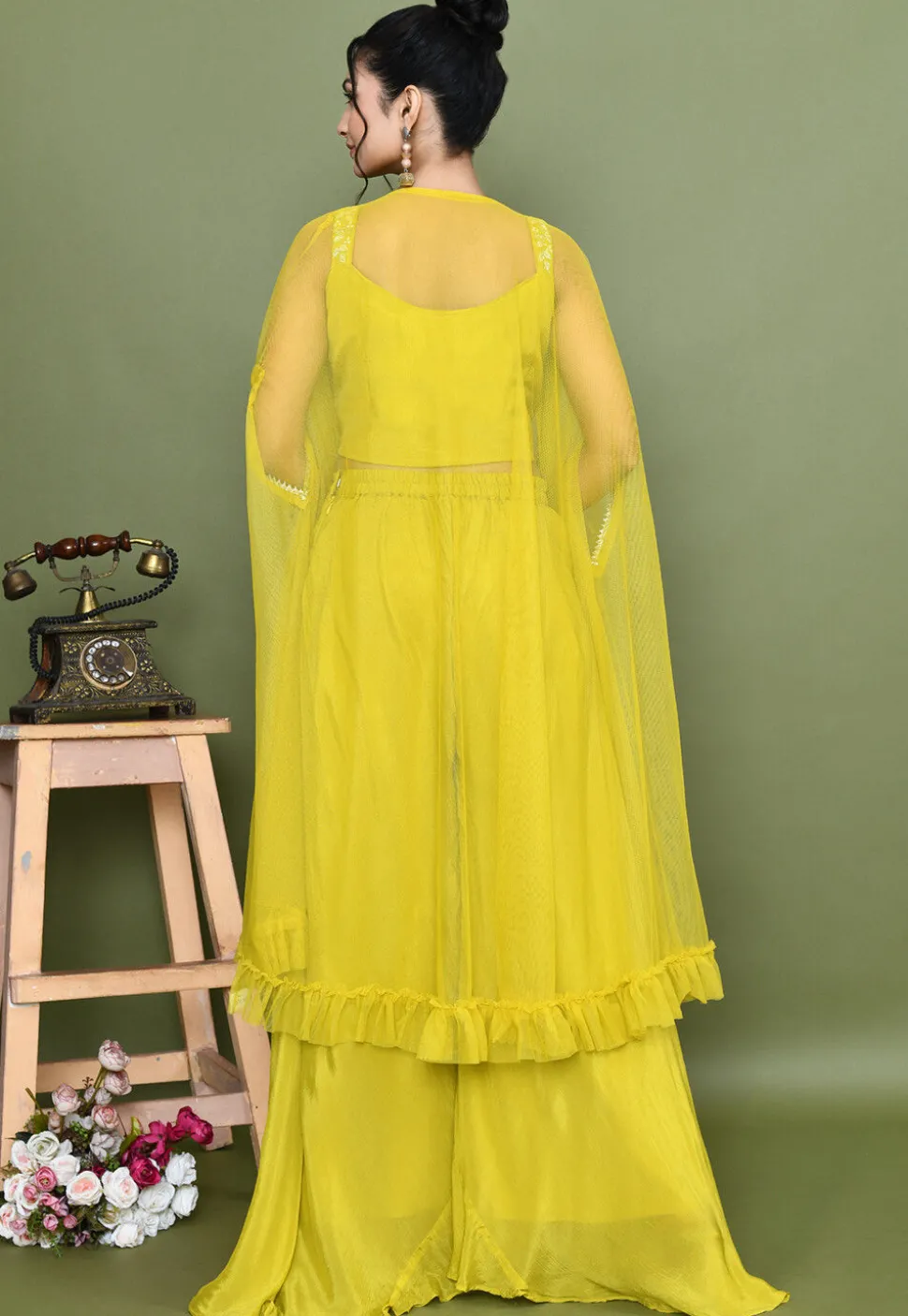Hand Embroidered Chinon Chiffon Crop Top Set in Mustard