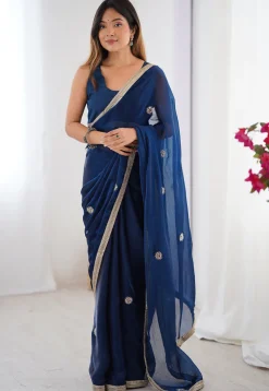 Hand Embroidered Chinon Chiffon Saree in Blue