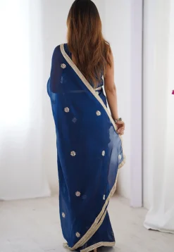 Hand Embroidered Chinon Chiffon Saree in Blue