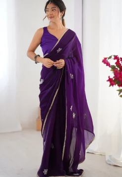Hand Embroidered Chinon Chiffon Saree in Purple
