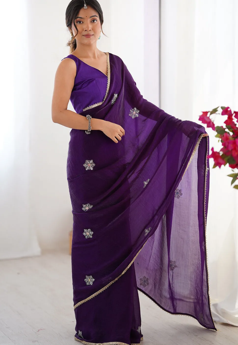 Hand Embroidered Chinon Chiffon Saree in Purple