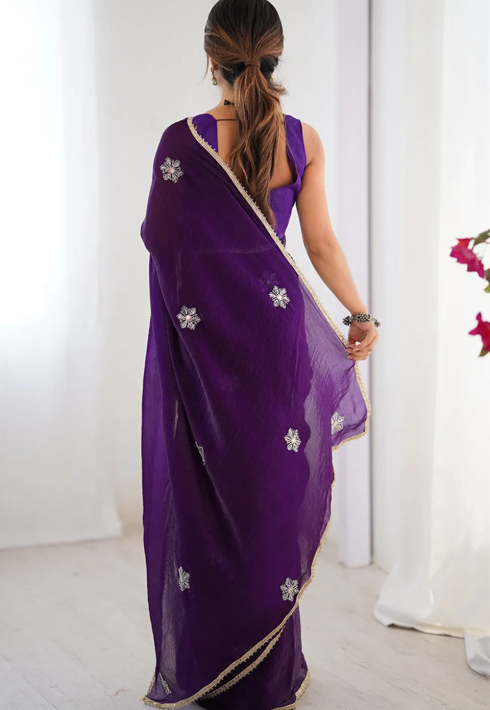 Hand Embroidered Chinon Chiffon Saree in Purple