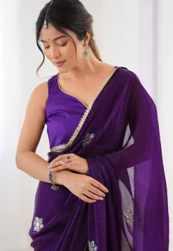 Hand Embroidered Chinon Chiffon Saree in Purple
