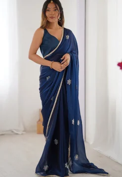 Hand Embroidered Chinon Chiffon Saree in Blue