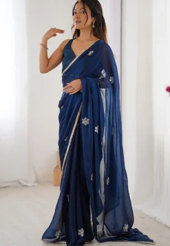 Hand Embroidered Chinon Chiffon Saree in Blue