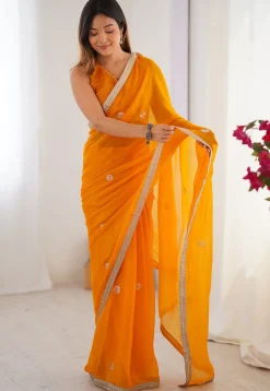 Hand Embroidered Chinon Chiffon Saree in Orange