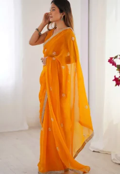 Hand Embroidered Chinon Chiffon Saree in Orange