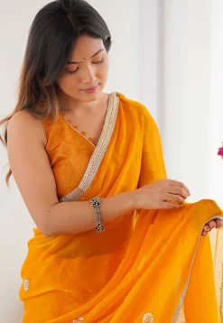 Hand Embroidered Chinon Chiffon Saree in Orange