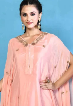 Hand Embroidered Chinon Chiffon Kaftan Set in Peach