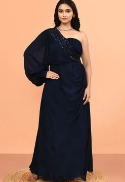 Hand Embroidered Chinon Chiffon Gown in Navy Blue