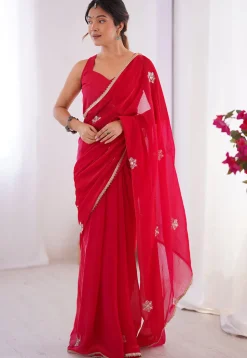 Hand Embroidered Chinon Chiffon Saree in Red