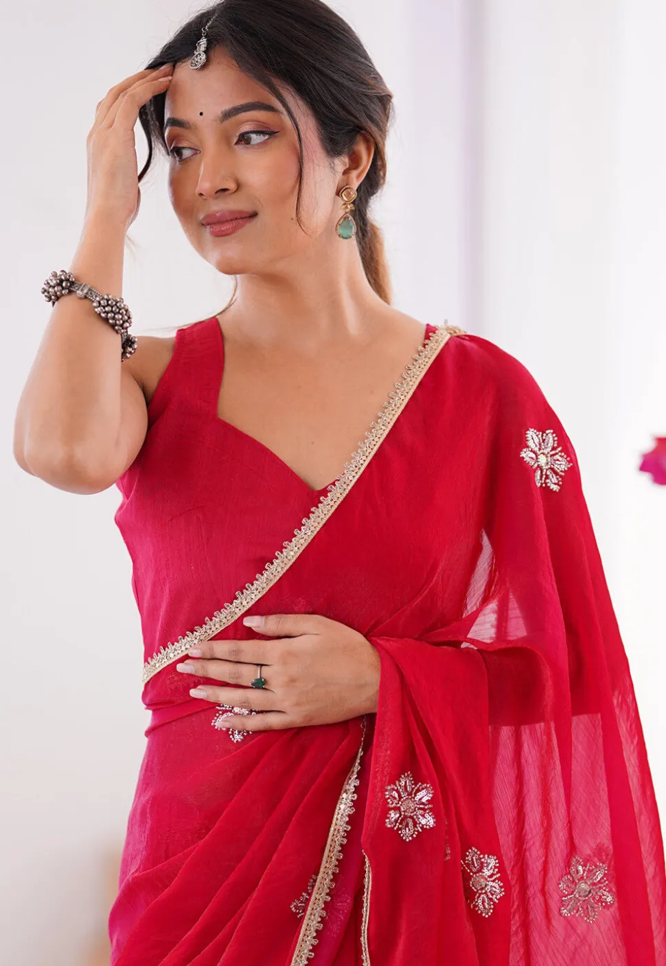 Hand Embroidered Chinon Chiffon Saree in Red