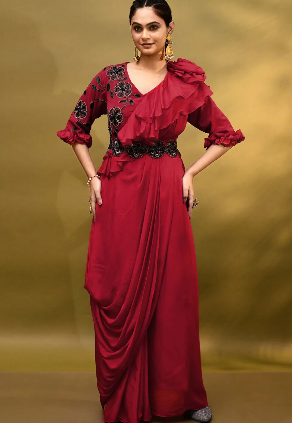Hand Embroidered Chinon Chiffon Drape Gown in Red