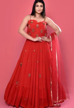 Hand Embroidered Chinon Silk Abaya Style Suit in Red