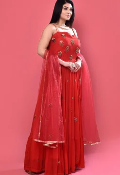 Hand Embroidered Chinon Silk Abaya Style Suit in Red