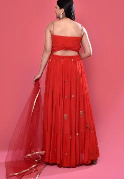 Hand Embroidered Chinon Silk Abaya Style Suit in Red