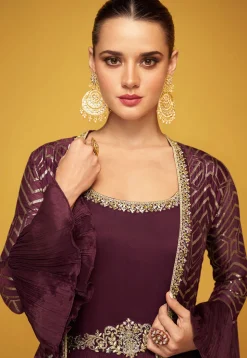 Hand Embroidered Chinon Silk Abaya Style Suit in Wine