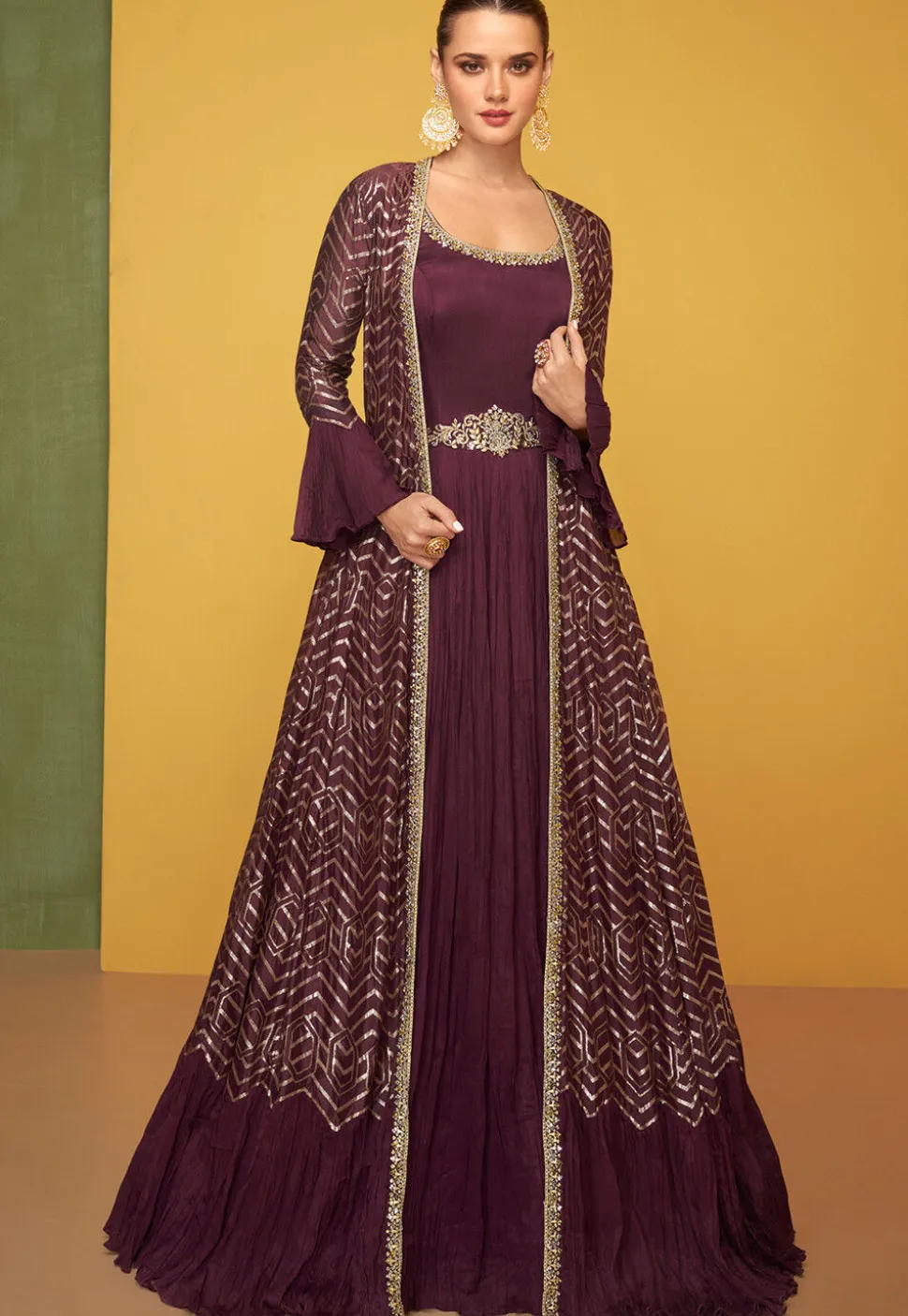 Hand Embroidered Chinon Silk Abaya Style Suit in Wine