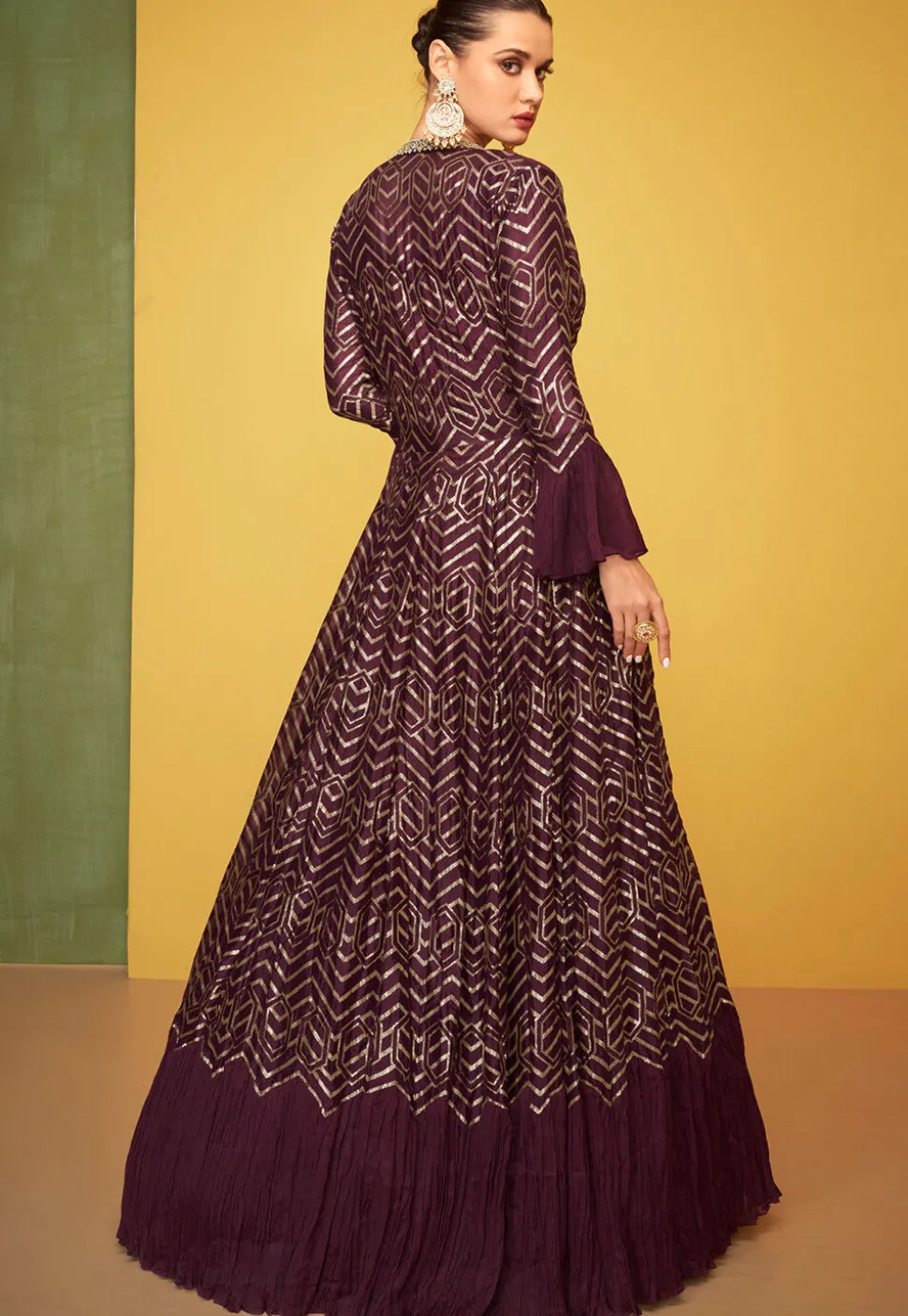 Hand Embroidered Chinon Silk Abaya Style Suit in Wine