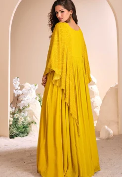Hand Embroidered Chinon Silk Kaftan Gown in Mustard