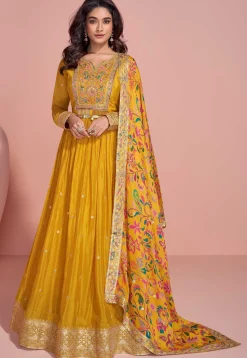 Hand Embroidered Chinon Silk Abaya Style Suit in Mustard