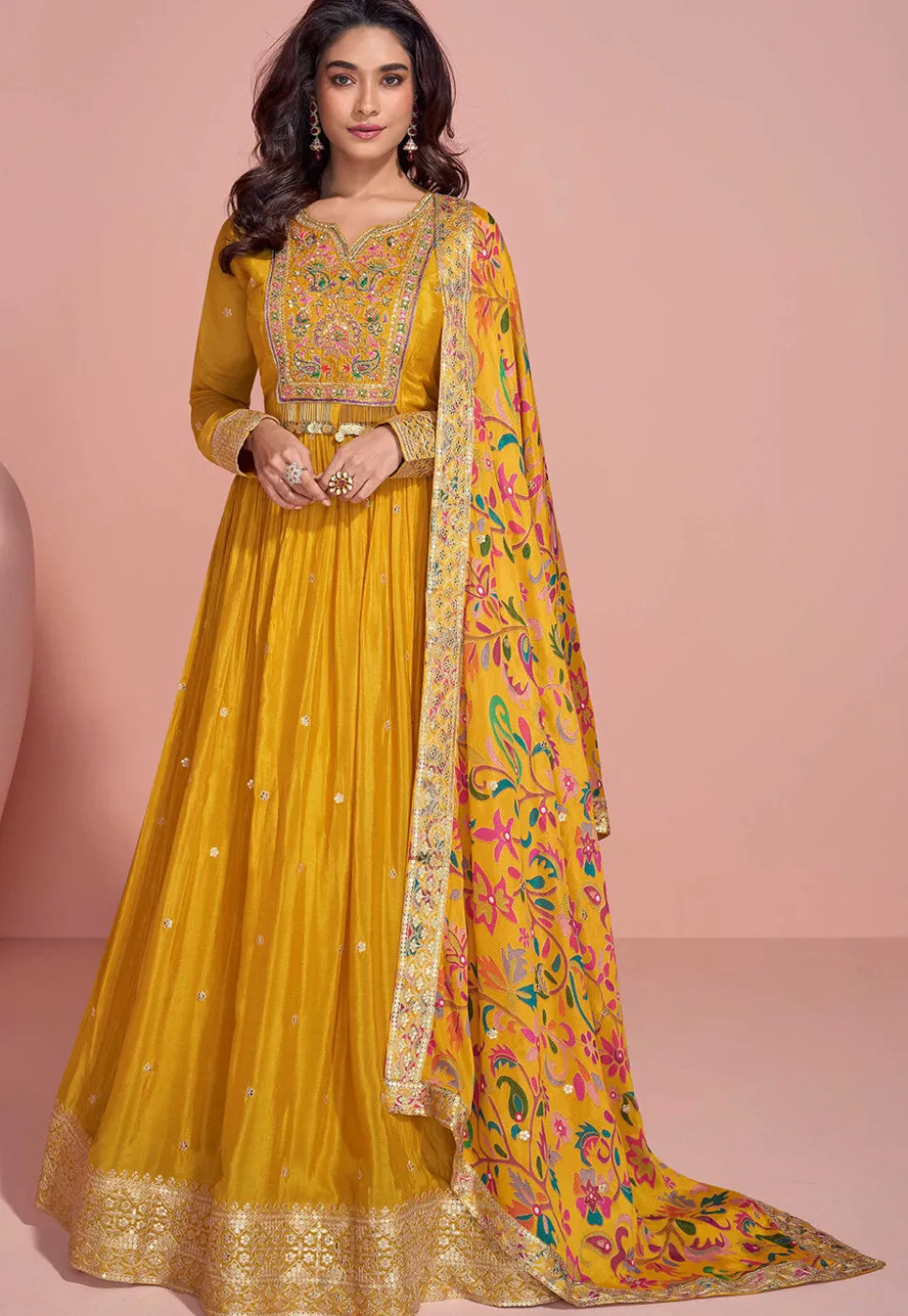 Hand Embroidered Chinon Silk Abaya Style Suit in Mustard