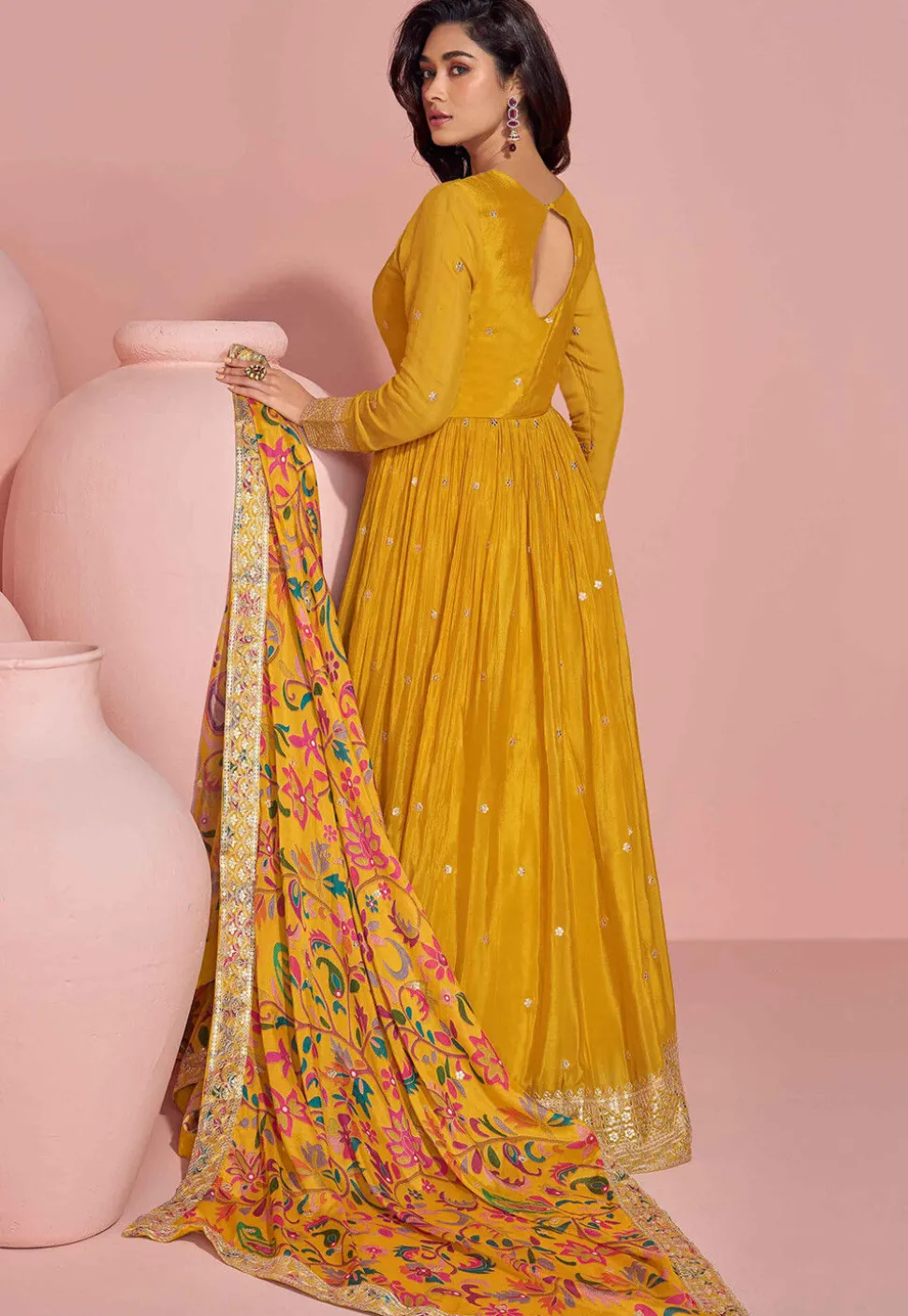 Hand Embroidered Chinon Silk Abaya Style Suit in Mustard