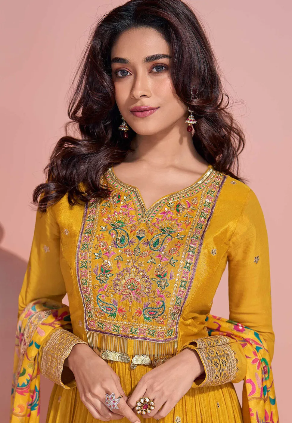Hand Embroidered Chinon Silk Abaya Style Suit in Mustard