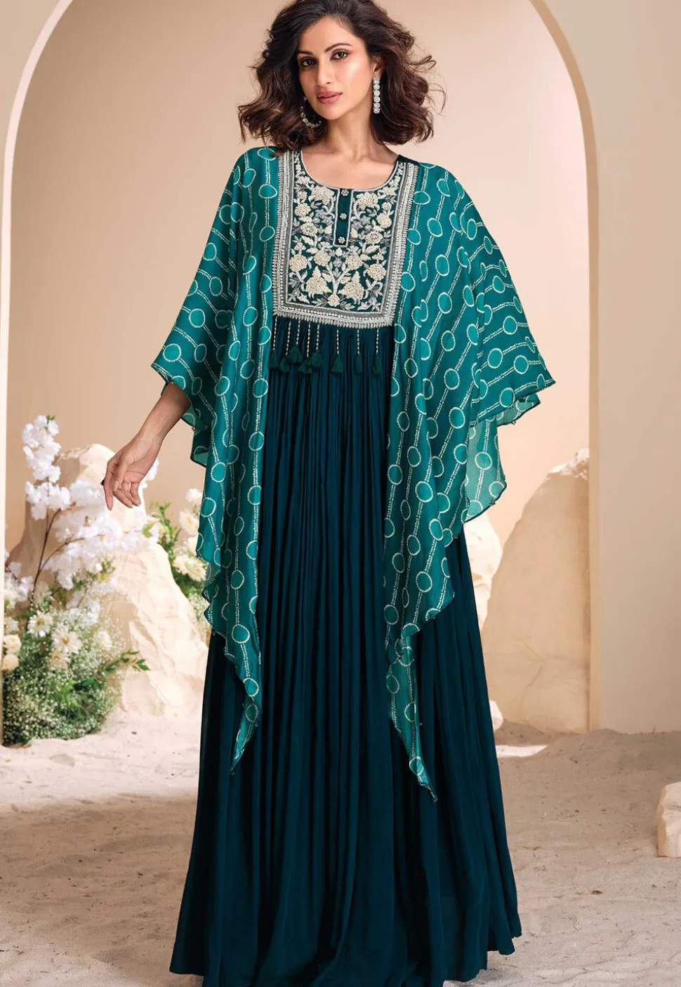 Hand Embroidered Chinon Silk Kaftan Gown in Teal Blue