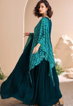 Hand Embroidered Chinon Silk Kaftan Gown in Teal Blue